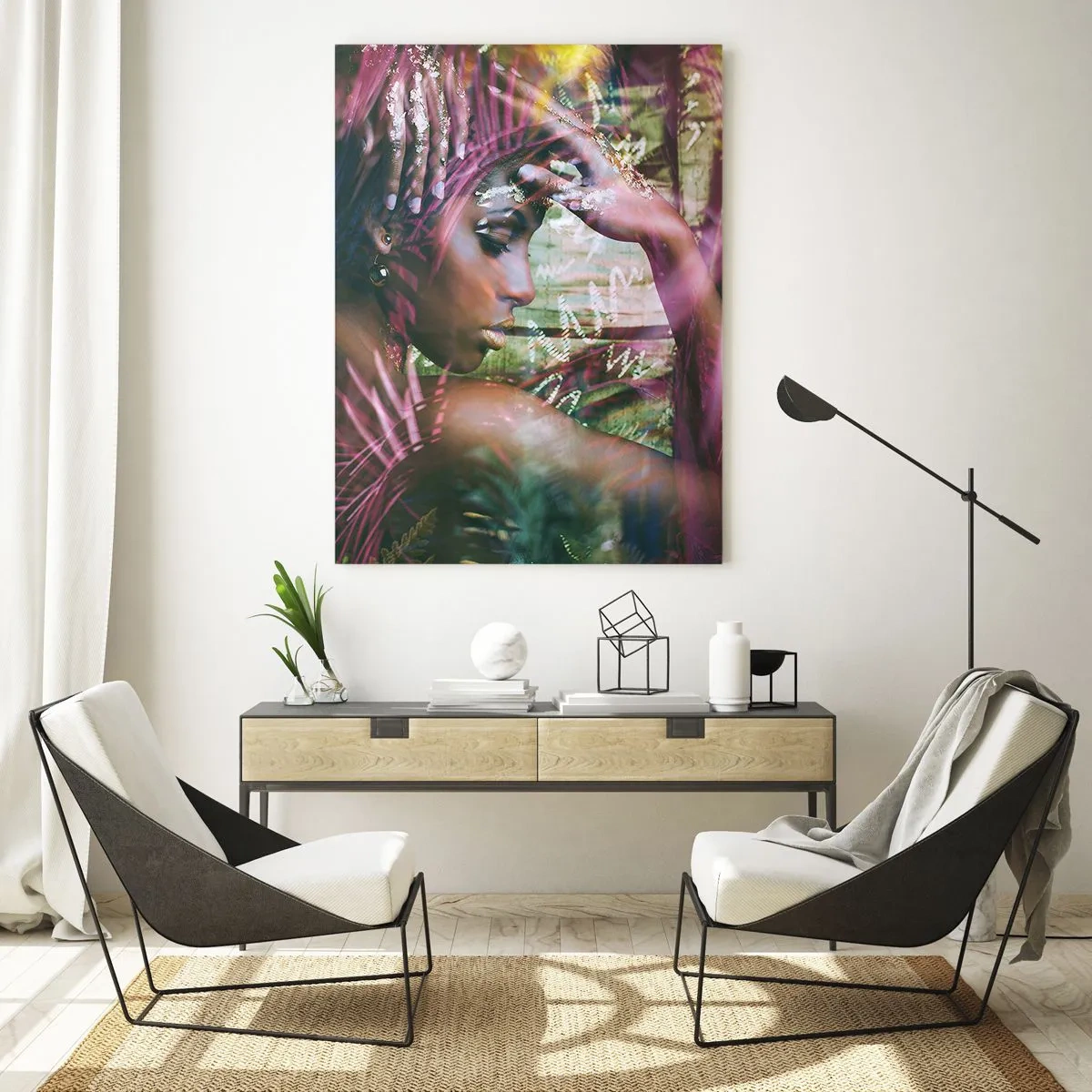 Glasbild - Bild auf glas - Porträt einer Frau, umgeben von exotischer Vegetation - 80x120cm - Mutter Natur im Dschungel - Moderne Wanddekoration für Wohnzimmer und Schlafzimmer ARTTOR
