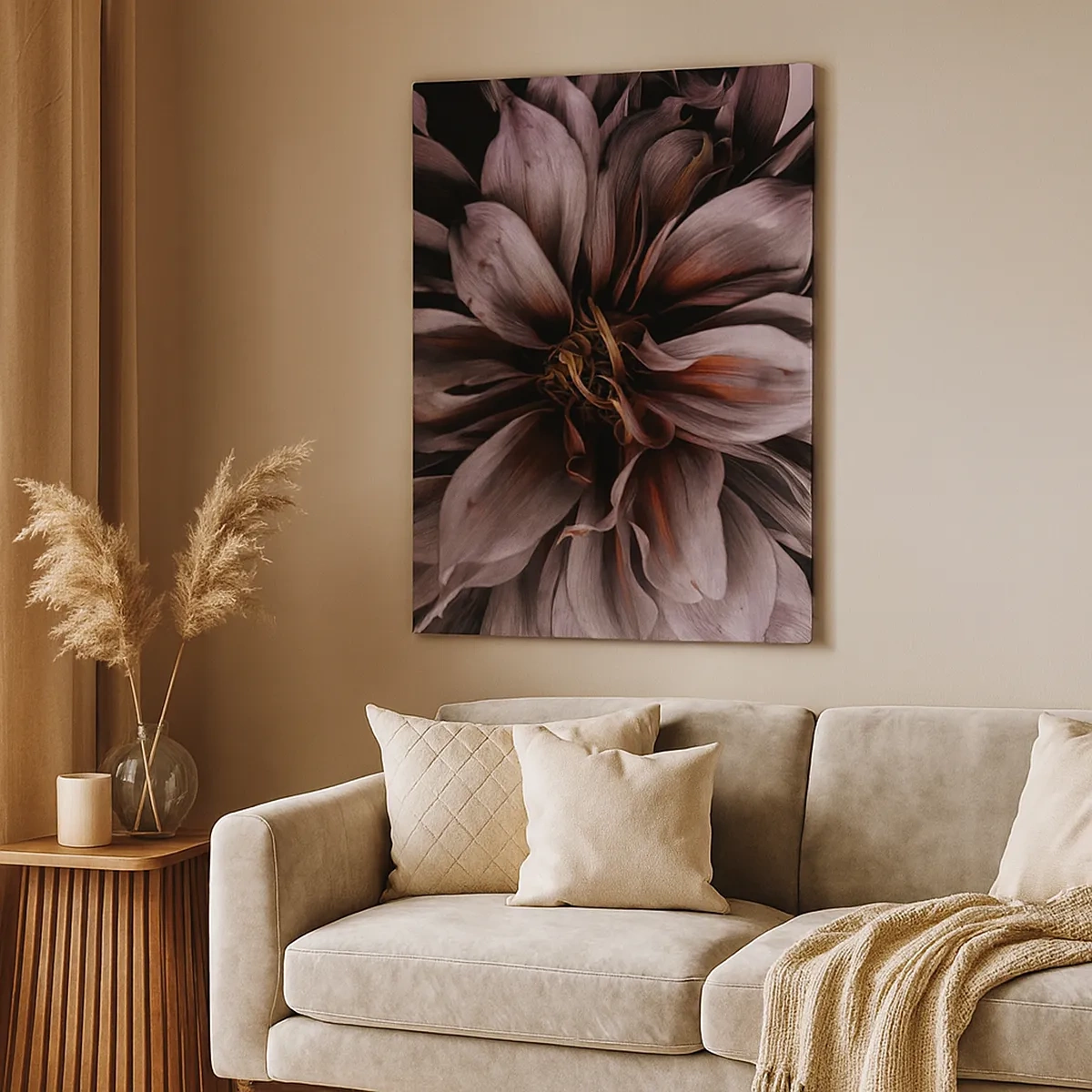 Bild auf Leinwand - Leinwandbild - Nahaufnahme einer großen Blume in dezenten Farben - 50x70cm - Ein Blumenherz - Moderne Wanddekoration für Wohnzimmer und Schlafzimmer ARTTOR