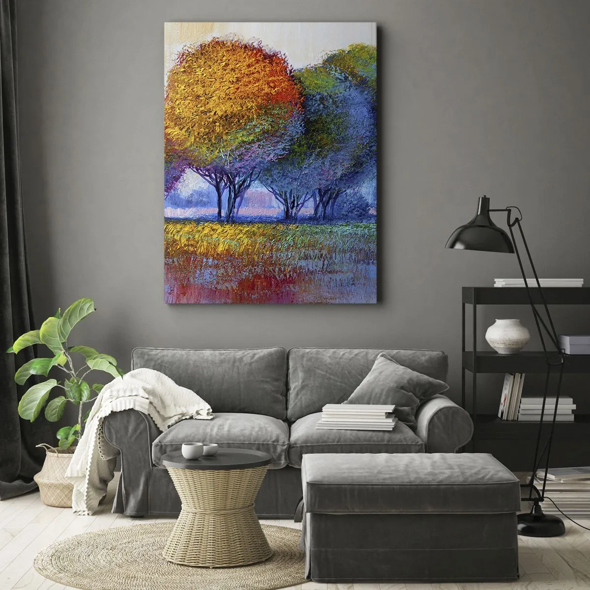 Bild auf Leinwand - Leinwandbild - Bunte Bäume in einer impressionistischen Landschaft - 70x100cm - Ein Haufen leuchtender Farben - Moderne Wanddekoration für Wohnzimmer und Schlafzimmer ARTTOR
