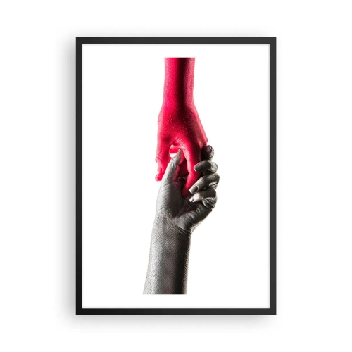 Poster in einem schwarzem Rahmen - Symbolische Hände in Rot und Silber auf weißem Hintergrund - 50x70cm - Gemeinsam, obwohl anders - Moderne Wanddekoration für Wohnzimmer und Schlafzimmer ARTTOR
