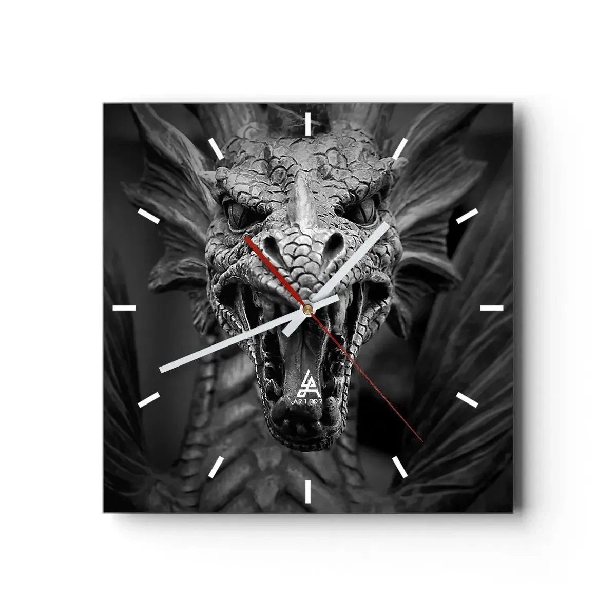Wanduhr - Glasuhr - Ein märchenhafter Drache in Grau - 40x40 cm