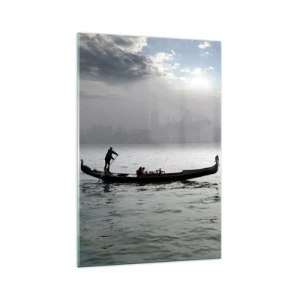 Glasbild - Bild auf glas - An einem nebligen Morgen gleitet eine Gondel über die Gewässer Venedigs und bietet einen Blick auf die Stadt. - 70x100cm - Eine fabelhafte Stadt aus Wasser und Nebel - Moderne Wanddekoration für Wohnzimmer und Schlafzimmer ARTTO