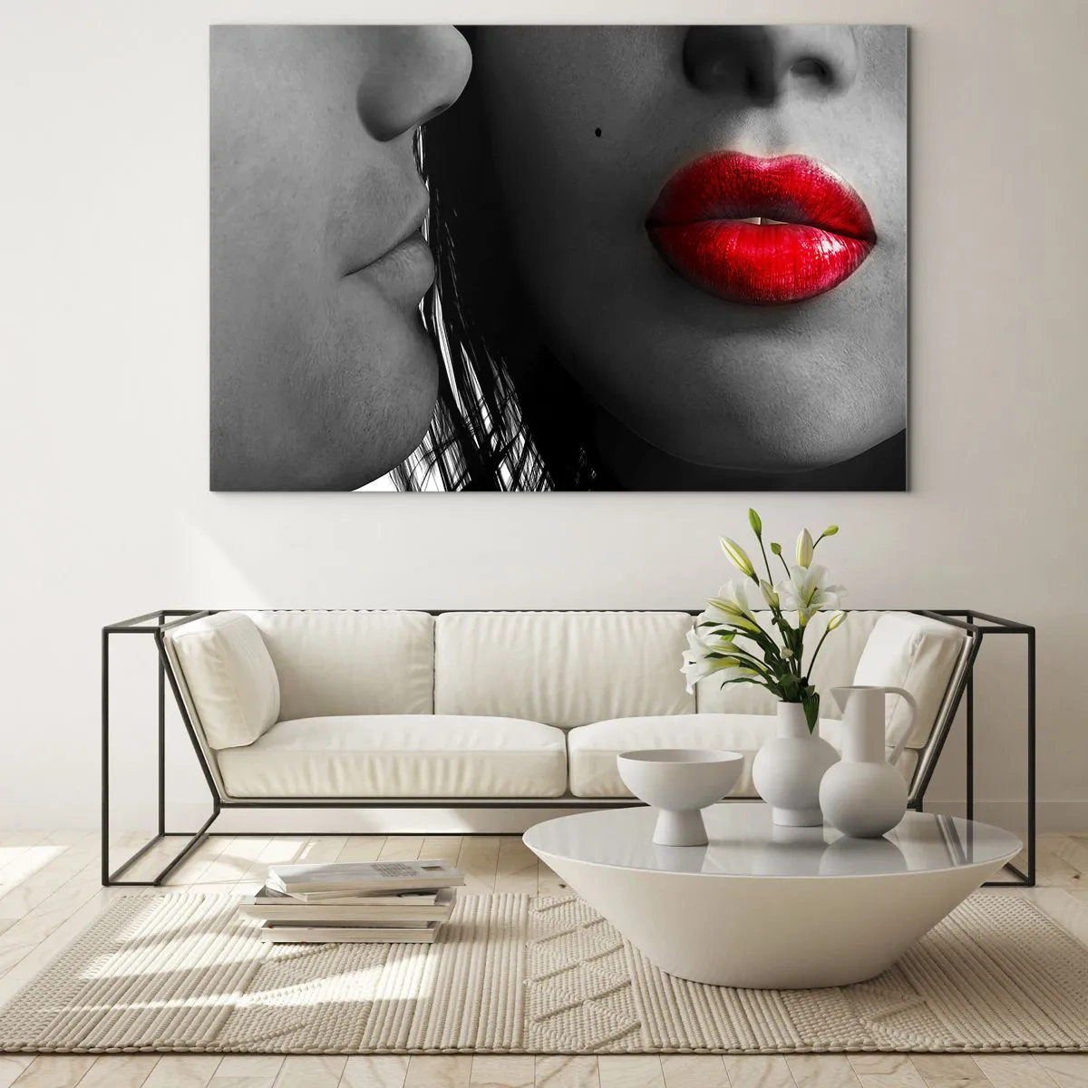 Glasbild - Bild auf glas - Sinnliche Lippen in einer kontrastreichen Aufnahme - 120x80cm - Gesicht am Gesicht - Moderne Wanddekoration für Wohnzimmer und Schlafzimmer ARTTOR