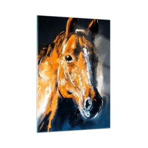 Glasbild - Bild auf glas - Portrait eines Pferdes in intensiven Brauntönen vor dunklem Hintergrund - 50x70cm - Also was, gehst du? - Moderne Wanddekoration für Wohnzimmer und Schlafzimmer ARTTOR