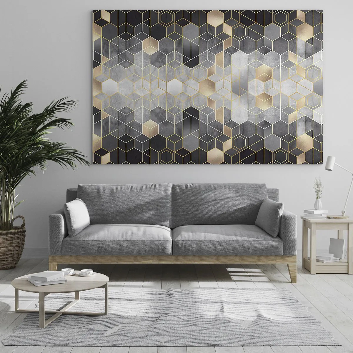 Glasbild - Bild auf glas - Geometrisches Muster aus Sechsecken in goldenen Linien - 70x50cm - Diamant-Komposition - Moderne Wanddekoration für Wohnzimmer und Schlafzimmer ARTTOR