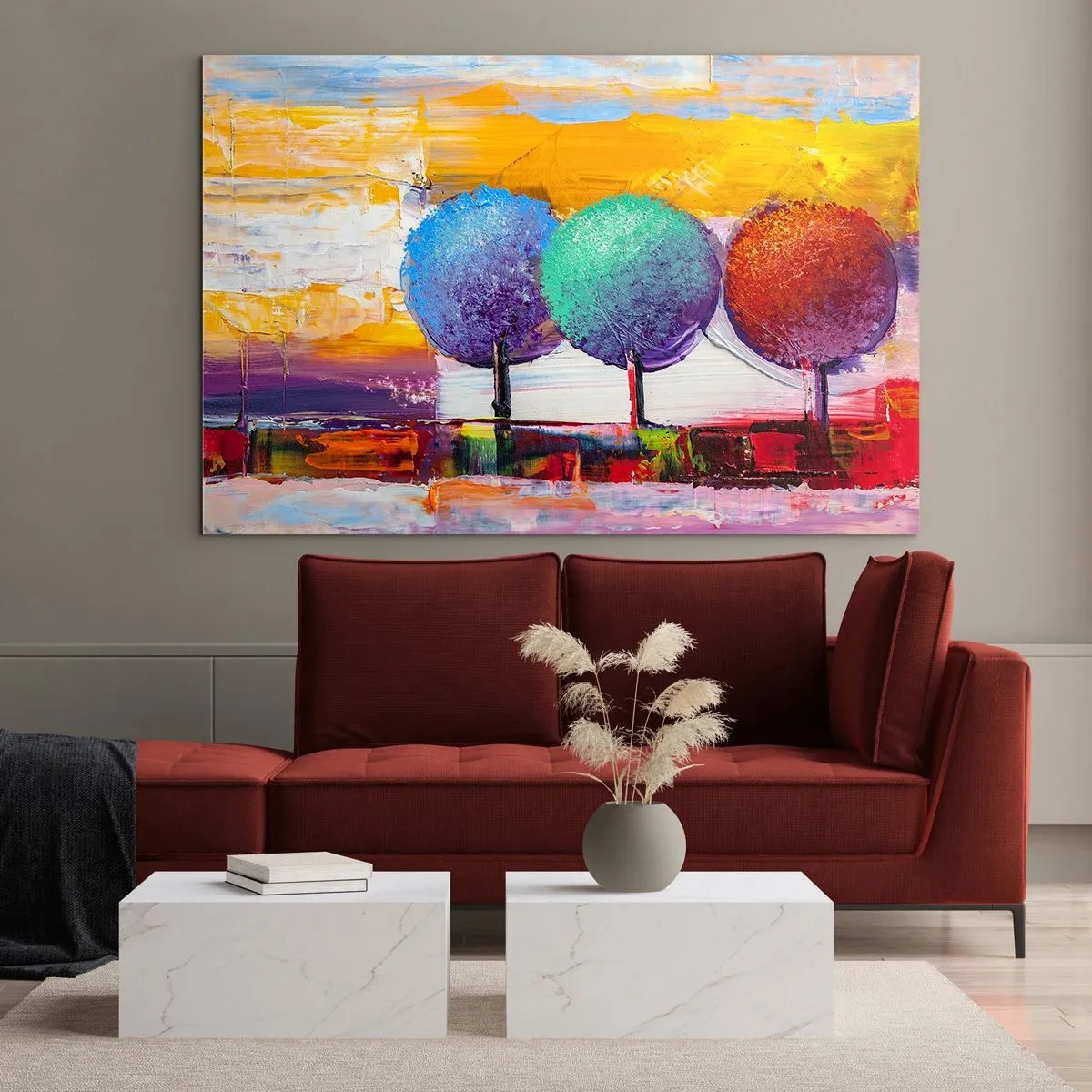 Glasbild - Bild auf glas - Bunte abstrakte Bäume auf einem intensiven Hintergrund - 120x80cm - Aller guten Dinge sind drei - Moderne Wanddekoration für Wohnzimmer und Schlafzimmer ARTTOR