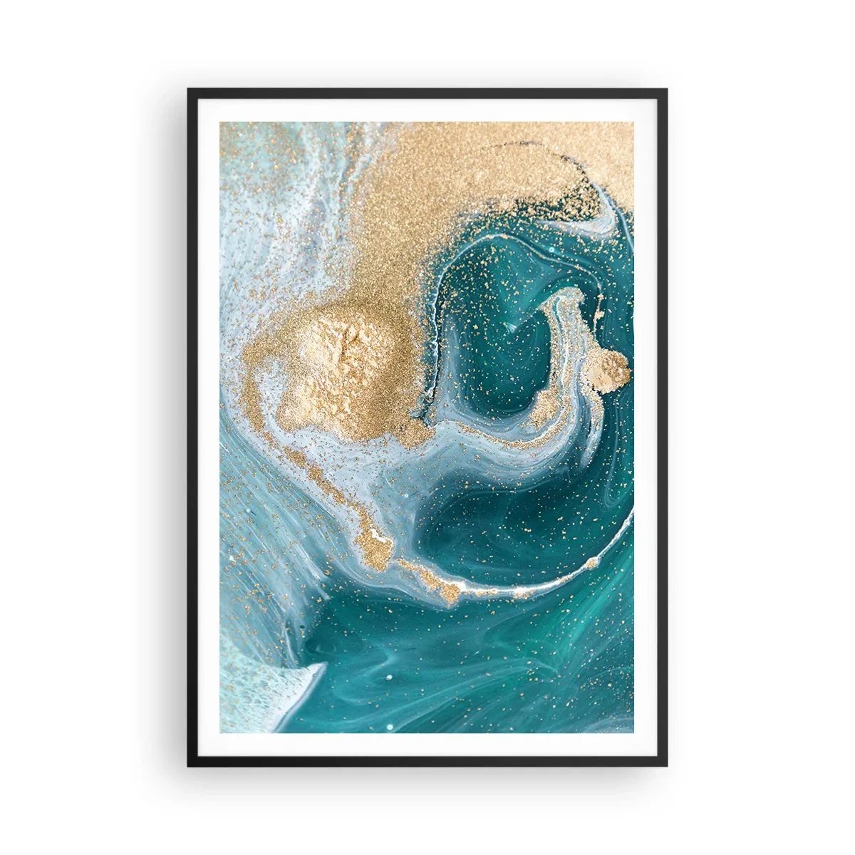Poster in einem schwarzem Rahmen - Ein Strudel aus Gold und Türkis - 70x100 cm