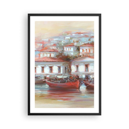 Poster in einem schwarzem Rahmen - Eine bunte Stadt mit Booten am Ufer - 50x70cm - Glückliche Stadt - Moderne Wanddekoration für Wohnzimmer und Schlafzimmer ARTTOR