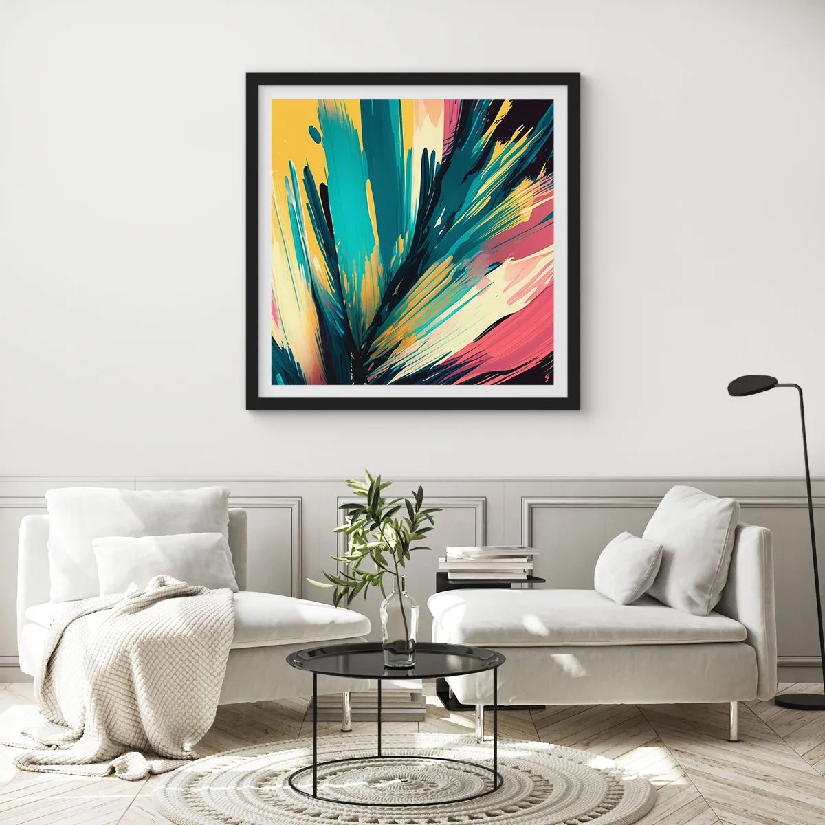 Poster in einem schwarzem Rahmen - Komposition – eine Explosion der Freude - 40x40 cm