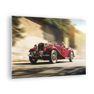 Glasbild - Bild auf glas - Klassisches rotes Cabrio in Bewegung vor dem Hintergrund der Straße und der verschwommenen Landschaft - 70x50cm - Schöner als Nike von Samothrake - Moderne Wanddekoration für Wohnzimmer und Schlafzimmer ARTTOR