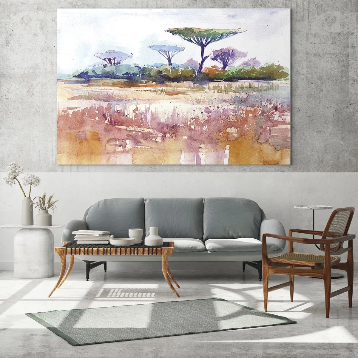 Glasbild - Bild auf glas - Eine malerische Savannenlandschaft in Aquarellfarben - 160x50cm - Savannah-Farben - Moderne Wanddekoration für Wohnzimmer und Schlafzimmer ARTTOR