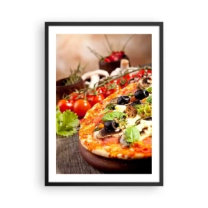 Poster in einem schwarzem Rahmen - Pizza mit Oliven und Kräutern mit frischen Zutaten - 50x70cm - Aus den tellurischen Zutaten - Moderne Wanddekoration für Wohnzimmer und Schlafzimmer ARTTOR