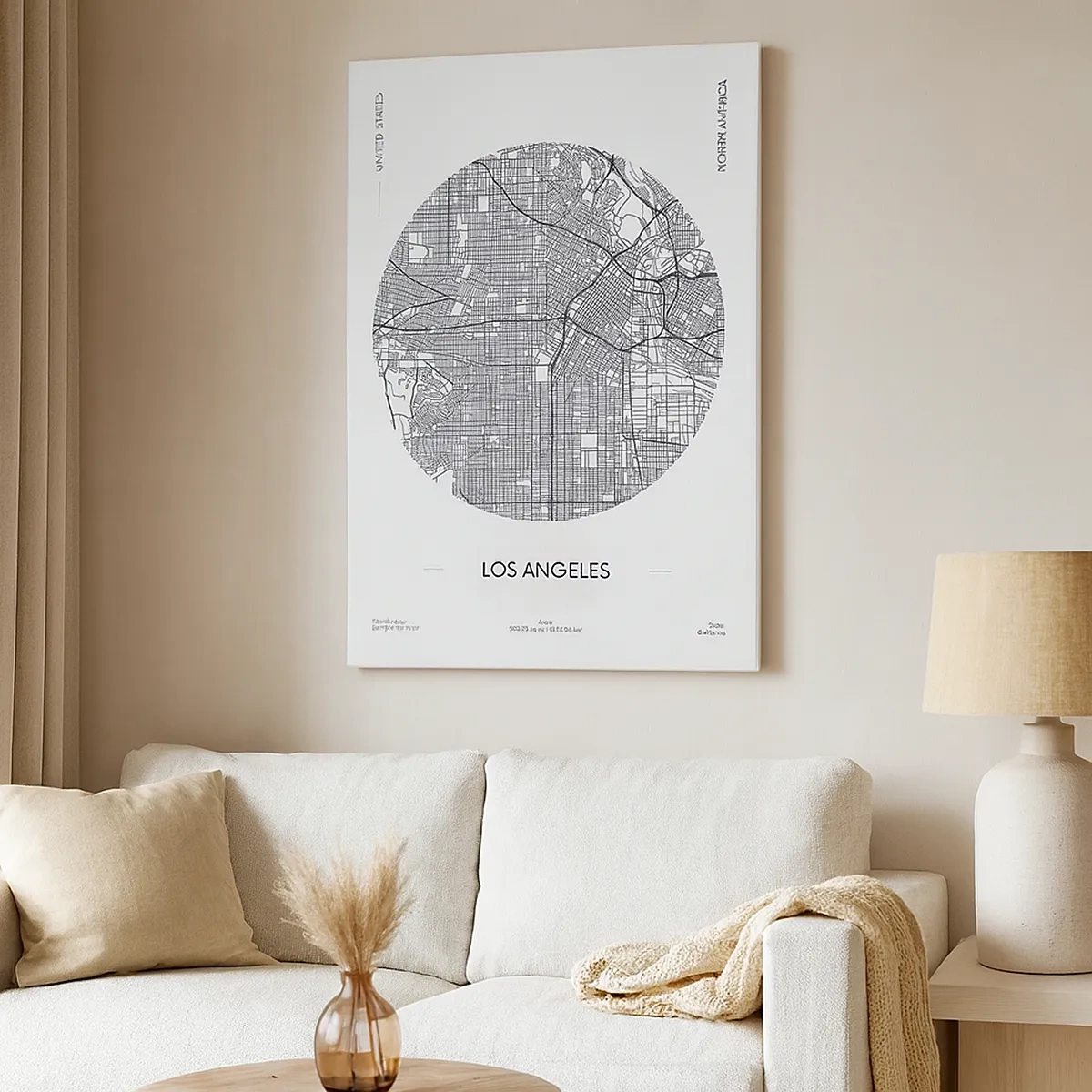 Bild auf Leinwand - Leinwandbild - Eine Karte von Los Angeles im minimalistischen Schwarz-Weiß-Stil - 50x70cm - Anatomie von Los Angeles - Moderne Wanddekoration für Wohnzimmer und Schlafzimmer ARTTOR