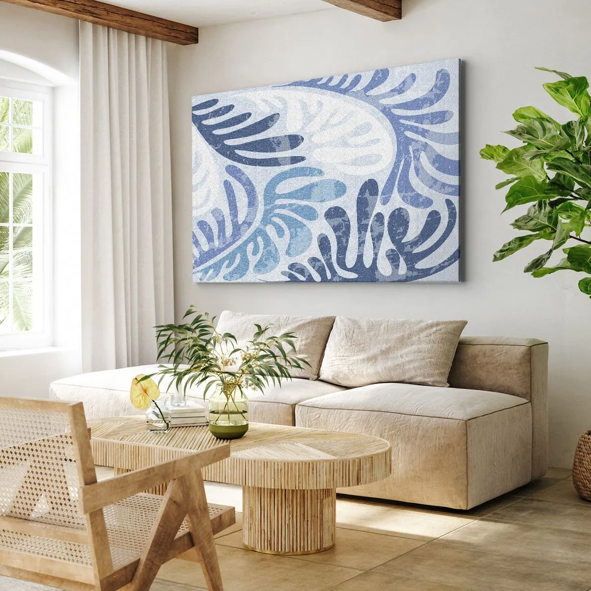 Bild auf Leinwand - Leinwandbild - Abstrakte Formen in Blautönen auf weißem Hintergrund - 100x70cm - Blaue Farne - Moderne Wanddekoration für Wohnzimmer und Schlafzimmer ARTTOR