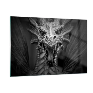 Glasbild - Bild auf glas - Detailliertes Porträt eines Drachen in Schwarzweiß - 120x80cm - Ein märchenhafter Drache in Grau - Moderne Wanddekoration für Wohnzimmer und Schlafzimmer ARTTOR