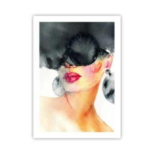 Poster - Aquarellporträt einer Frau mit großen Ohrringen und einer schwarzen Maske. - 50x70cm - Das Geheimnis der Eleganz - Moderne Wanddekoration für Wohnzimmer und Schlafzimmer ARTTOR