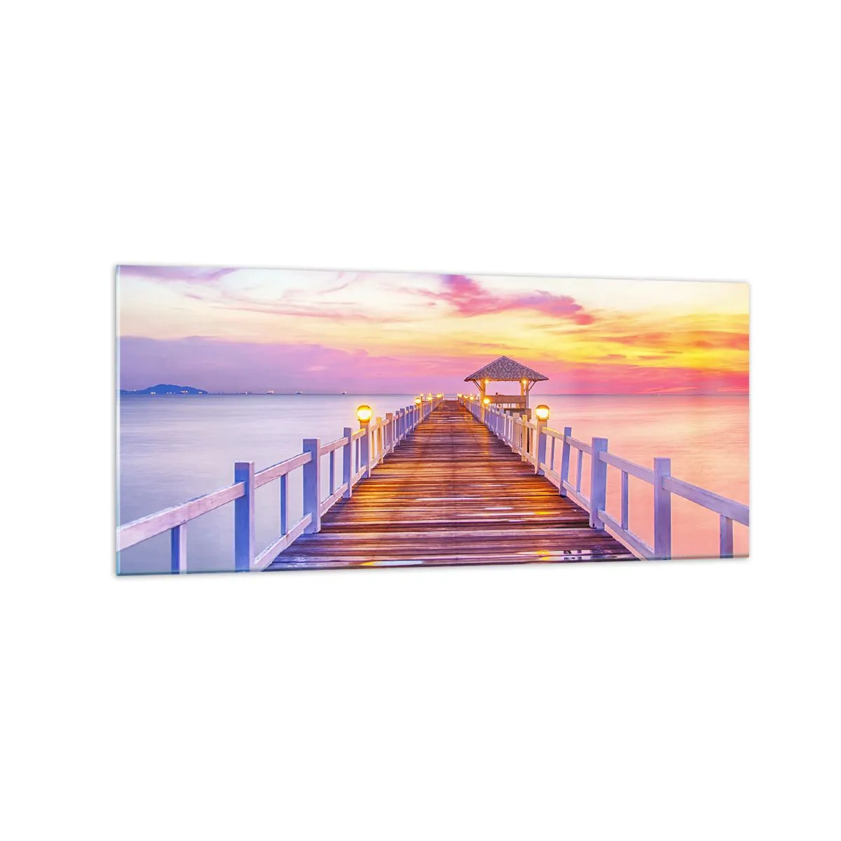 Glasbild - Bild auf glas - Ein Pier über dem Wasser bei Sonnenuntergang in Pastellfarben - 120x50cm - Die lila-goldene Stille des Abends - Moderne Wanddekoration für Wohnzimmer und Schlafzimmer ARTTOR