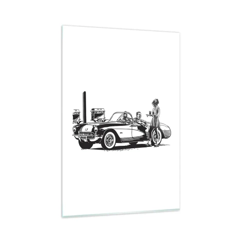 Glasbild - Bild auf glas - Eine schwarz-weiße Retro-Szene mit einem Auto und einer Kellnerin auf Rollschuhen. - 80x120cm - 60. - unbeschwertes Amerika - Moderne Wanddekoration für Wohnzimmer und Schlafzimmer ARTTOR