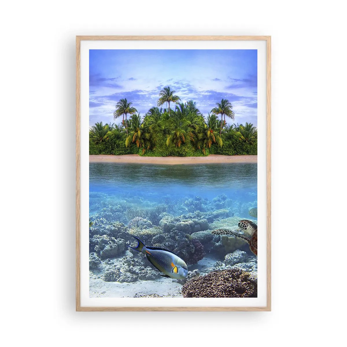 Poster in einem Rahmen aus heller Eiche - Heavenly Island lädt dich ein - 70x100 cm