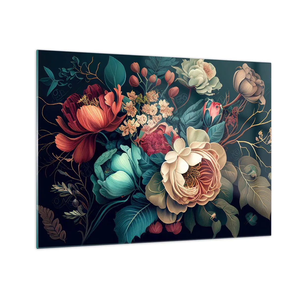 Glasbild - Bild auf glas - Vintage Blumenstrauß auf dunklem Hintergrund - 70x50cm - Charme des 19. Jahrhunderts - Moderne Wanddekoration für Wohnzimmer und Schlafzimmer ARTTOR
