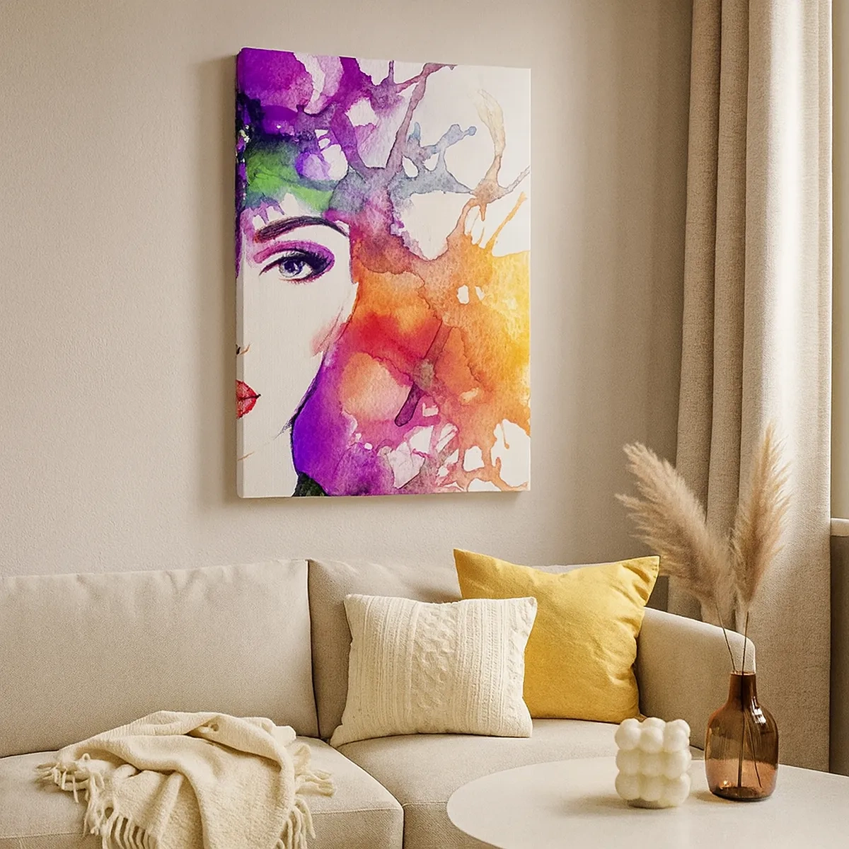 Bild auf Leinwand - Leinwandbild - Porträt einer Frau in Aquarellfarben mit abstrakten Flecken - 50x70cm - Mit dem Kopf in den Wolken - Moderne Wanddekoration für Wohnzimmer und Schlafzimmer ARTTOR