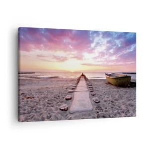 Bild auf Leinwand - Leinwandbild - Sunrise Beach mit Boot und Pier - 70x50cm - Ein Moment tiefer Erfahrung - Moderne Wanddekoration für Wohnzimmer und Schlafzimmer ARTTOR