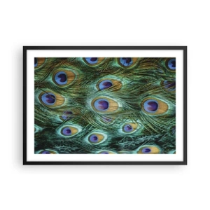 Poster in einem schwarzem Rahmen - Details von Pfauenfedern in satten Farben - 70x50cm - Ein Blick mit Pfauenaugen - Moderne Wanddekoration für Wohnzimmer und Schlafzimmer ARTTOR