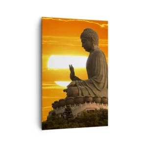 Bild auf Leinwand - Leinwandbild - Eine buddhistische Statue vor dem Hintergrund eines orangefarbenen Sonnenuntergangs - 80x120cm - Keine Angst vor der Welt - Moderne Wanddekoration für Wohnzimmer und Schlafzimmer ARTTOR