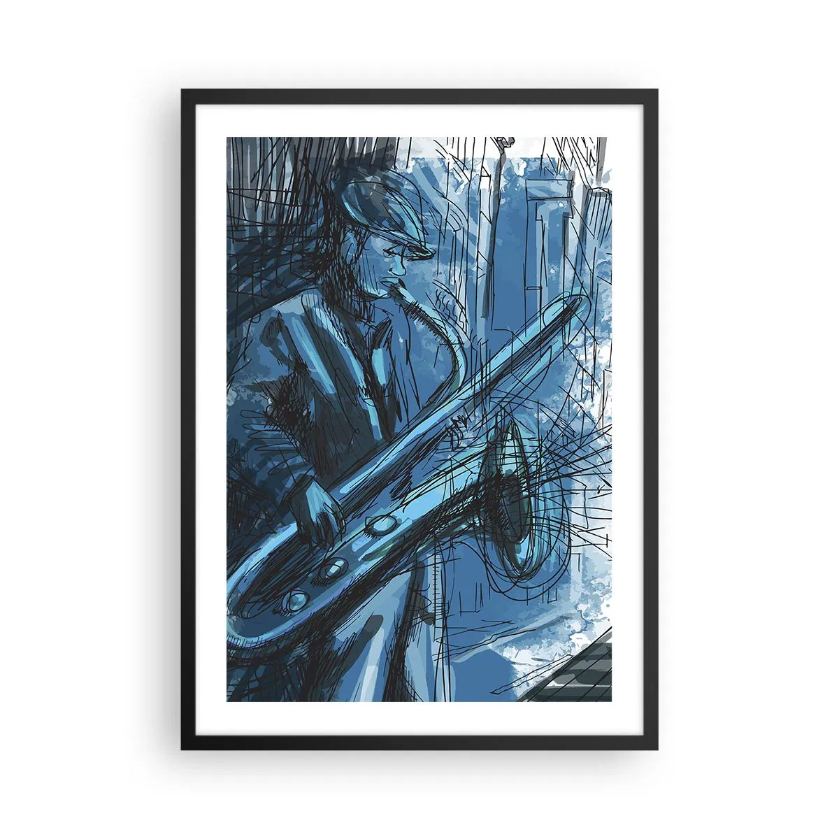 Poster in einem schwarzem Rahmen - Künstlerische Skizze eines Saxophon spielenden Musikers - 50x70cm - Urbane Rhapsodie - Moderne Wanddekoration für Wohnzimmer und Schlafzimmer ARTTOR