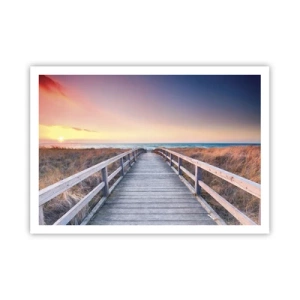 Poster - Ein Holzsteg führt bei Sonnenuntergang zum Strand, der Himmel ist in Pastellfarben gemalt. - 100x70cm - Baltische Abend-Aurora - Moderne Wanddekoration für Wohnzimmer und Schlafzimmer ARTTOR