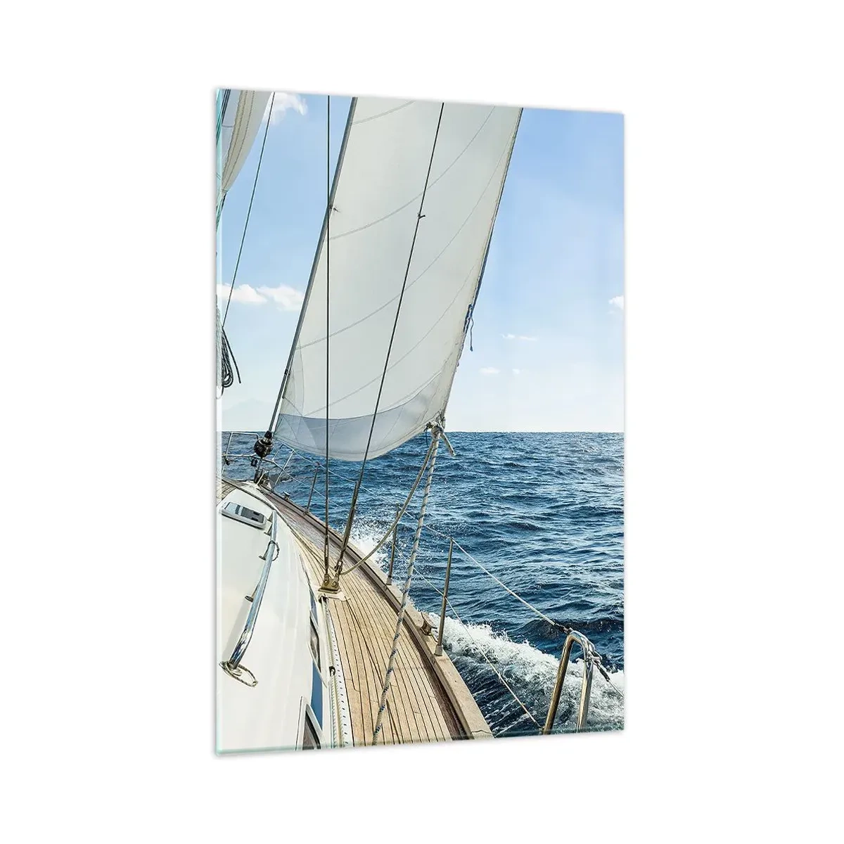 Glasbild - Bild auf glas - Ein Segelboot auf ruhiger See unter blauem Himmel - 80x120cm - Ahoi, Abenteuer - Moderne Wanddekoration für Wohnzimmer und Schlafzimmer ARTTOR
