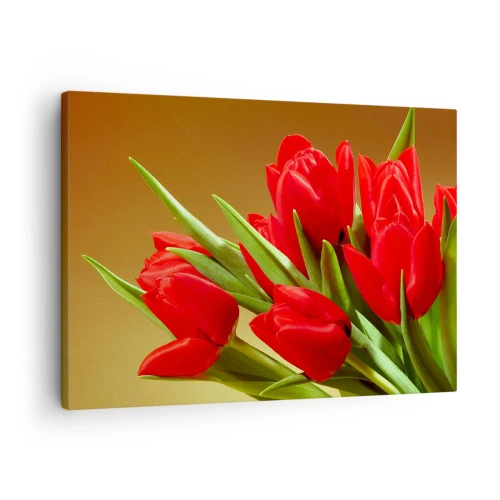Bild auf Leinwand - Leinwandbild - Ein Strauß roter Tulpen auf goldenem Hintergrund mit grünen Blättern. - 70x50cm - Ein Haufen Frühlingsfreude - Moderne Wanddekoration für Wohnzimmer und Schlafzimmer ARTTOR
