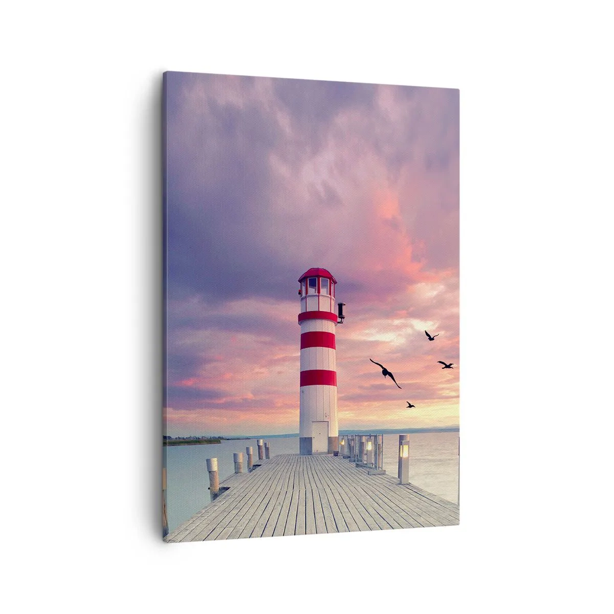 Bild auf Leinwand - Leinwandbild - Ein Leuchtturm auf dem Pier, umgeben von einem malerischen Sonnenuntergang - 50x70cm - Es ist Zeit zum Hafen zu gehen - Moderne Wanddekoration für Wohnzimmer und Schlafzimmer ARTTOR