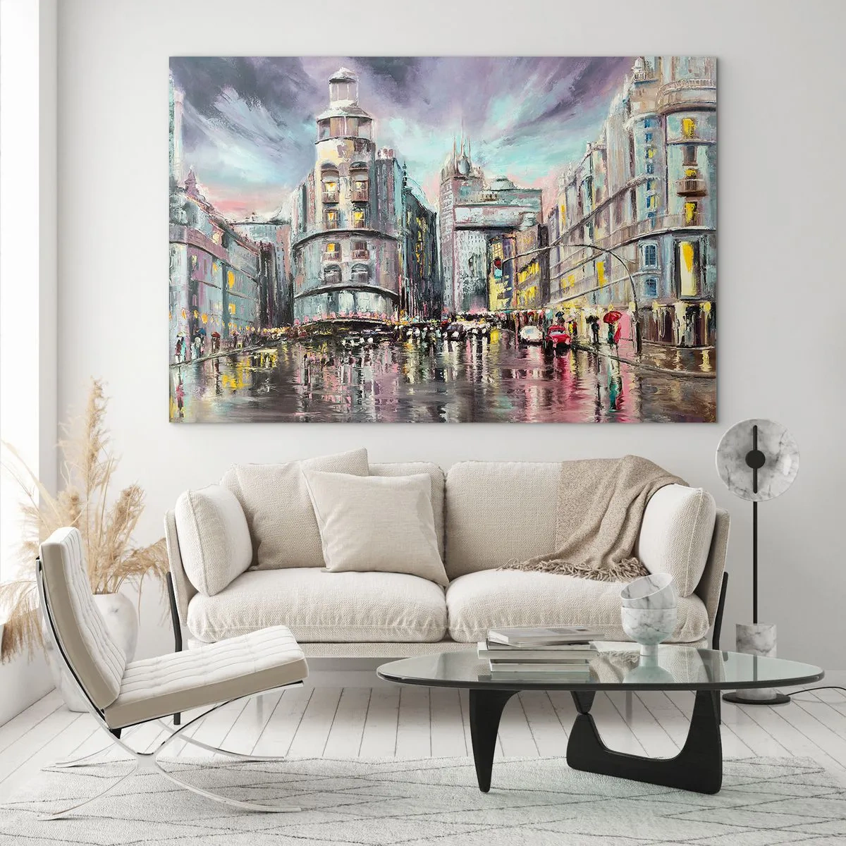 Glasbild - Bild auf glas - Eine Stadtstraße im Regen mit einer spektakulären Lichtreflexion - 70x50cm - Es wird ein gelungener Abend - Moderne Wanddekoration für Wohnzimmer und Schlafzimmer ARTTOR