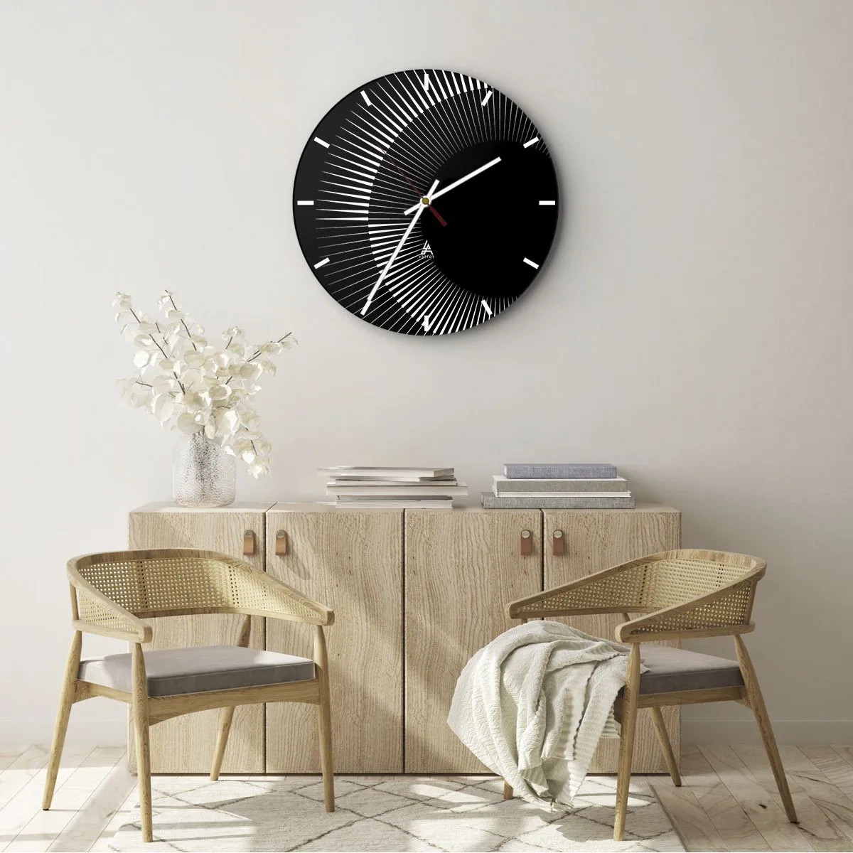 Wanduhr - Glasuhr - Schwarzer Hintergrund mit strahlendem Muster in Form einer Sonnenscheibe - 30x30cm - Schwarze Sonne - Moderne Wanddekoration für Wohnzimmer, Küche und Schlafzimmer ARTTOR
