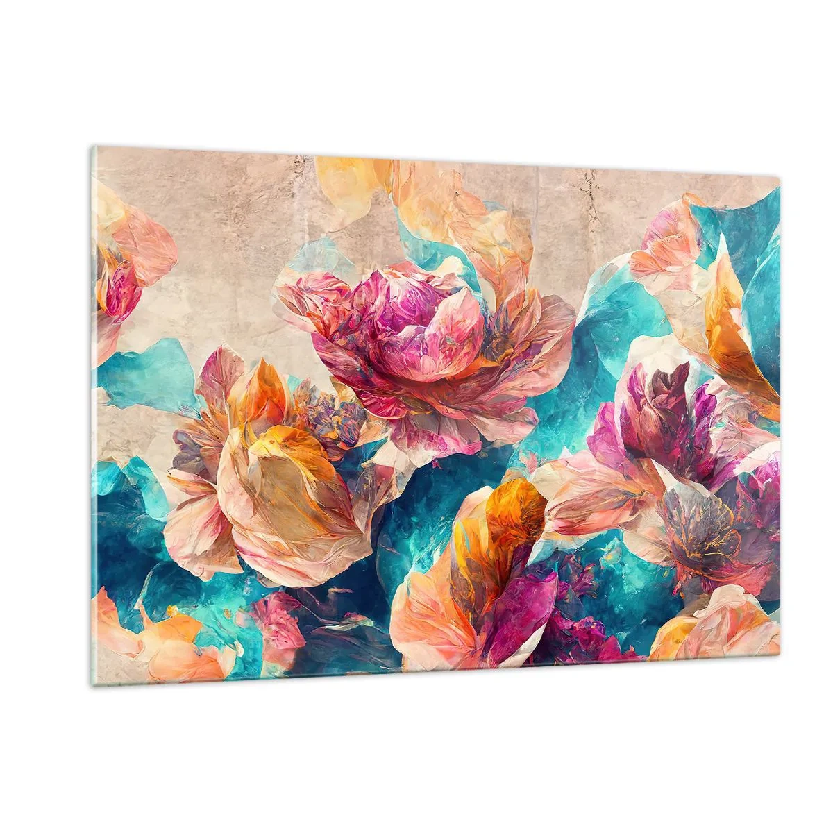 Glasbild - Bild auf glas - Bunte Blumen vor einem Aquarellhintergrund - 120x80cm - Farbenpracht des Straußes - Moderne Wanddekoration für Wohnzimmer und Schlafzimmer ARTTOR