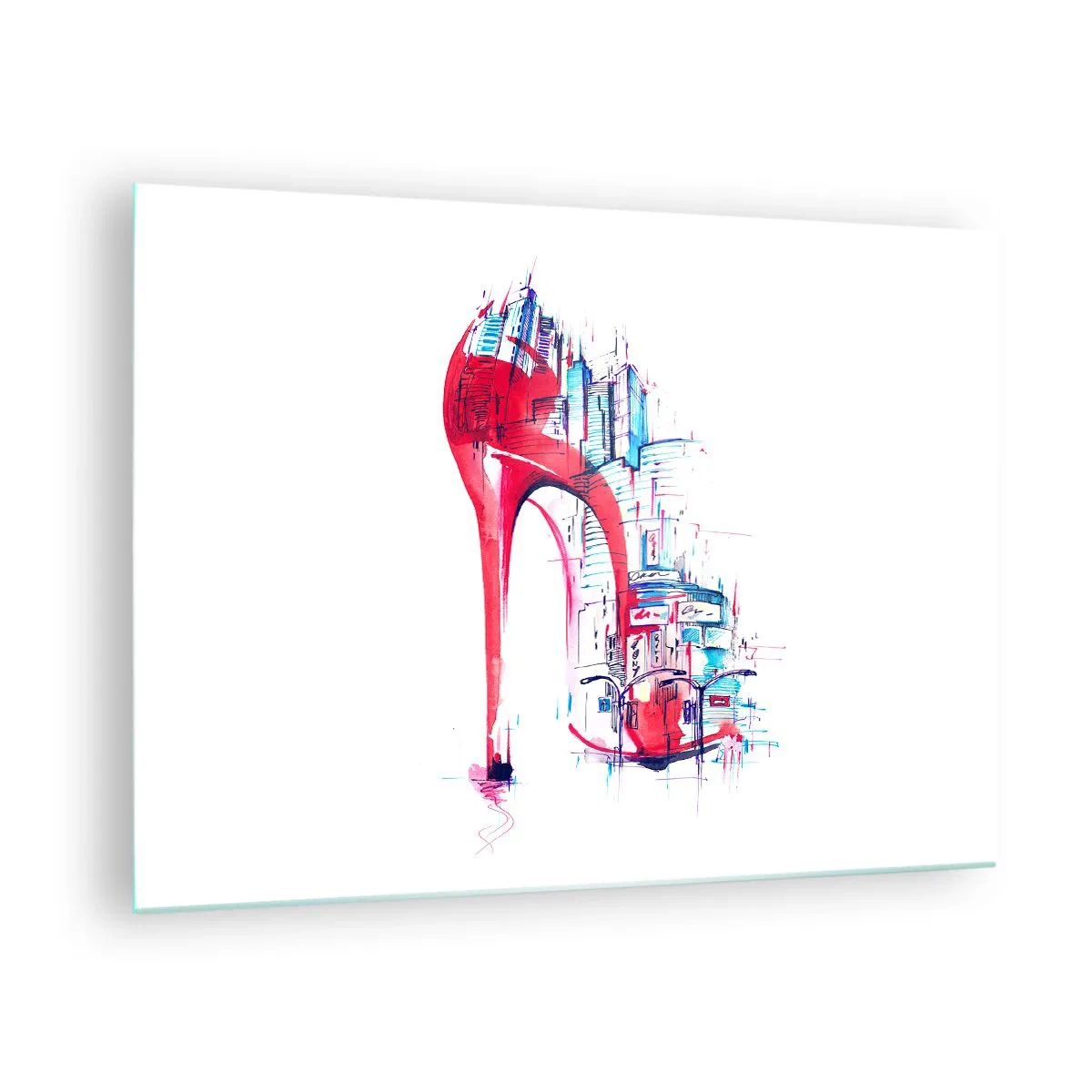 Glasbild - Bild auf glas - Roter Stiletto mit urbanem Architekturmotiv - 70x50cm - Ein Großstadt-Dandy - Moderne Wanddekoration für Wohnzimmer und Schlafzimmer ARTTOR