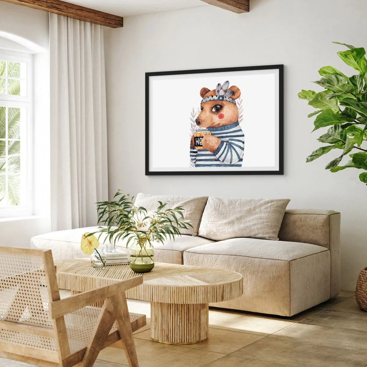 Poster in einem schwarzem Rahmen - Ein Teddybär im gestreiften Pullover mit einer Tasse Honig - 100x70cm - Süße Bärin - Moderne Wanddekoration für Wohnzimmer und Schlafzimmer ARTTOR