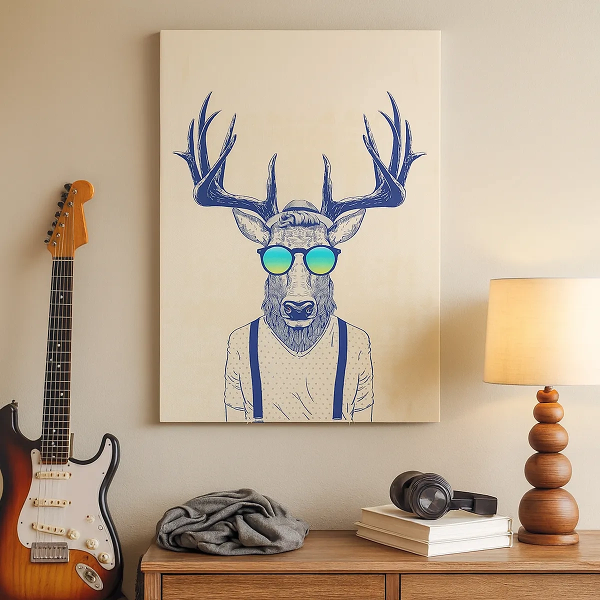 Bild auf Leinwand - Leinwandbild - Stilisierter Hirsch mit Sonnenbrille - 50x70cm - Wen hast du erwartet? - Moderne Wanddekoration für Wohnzimmer und Schlafzimmer ARTTOR