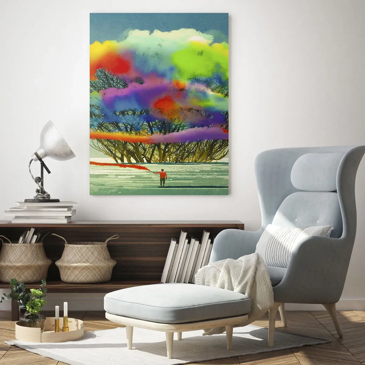 Glasbild - Bild auf glas - Eine bunte Rauchexplosion vor dem Hintergrund eines einsamen Baumes. - 50x70cm - Erwecke diese Welt zum Leben - Moderne Wanddekoration für Wohnzimmer und Schlafzimmer ARTTOR