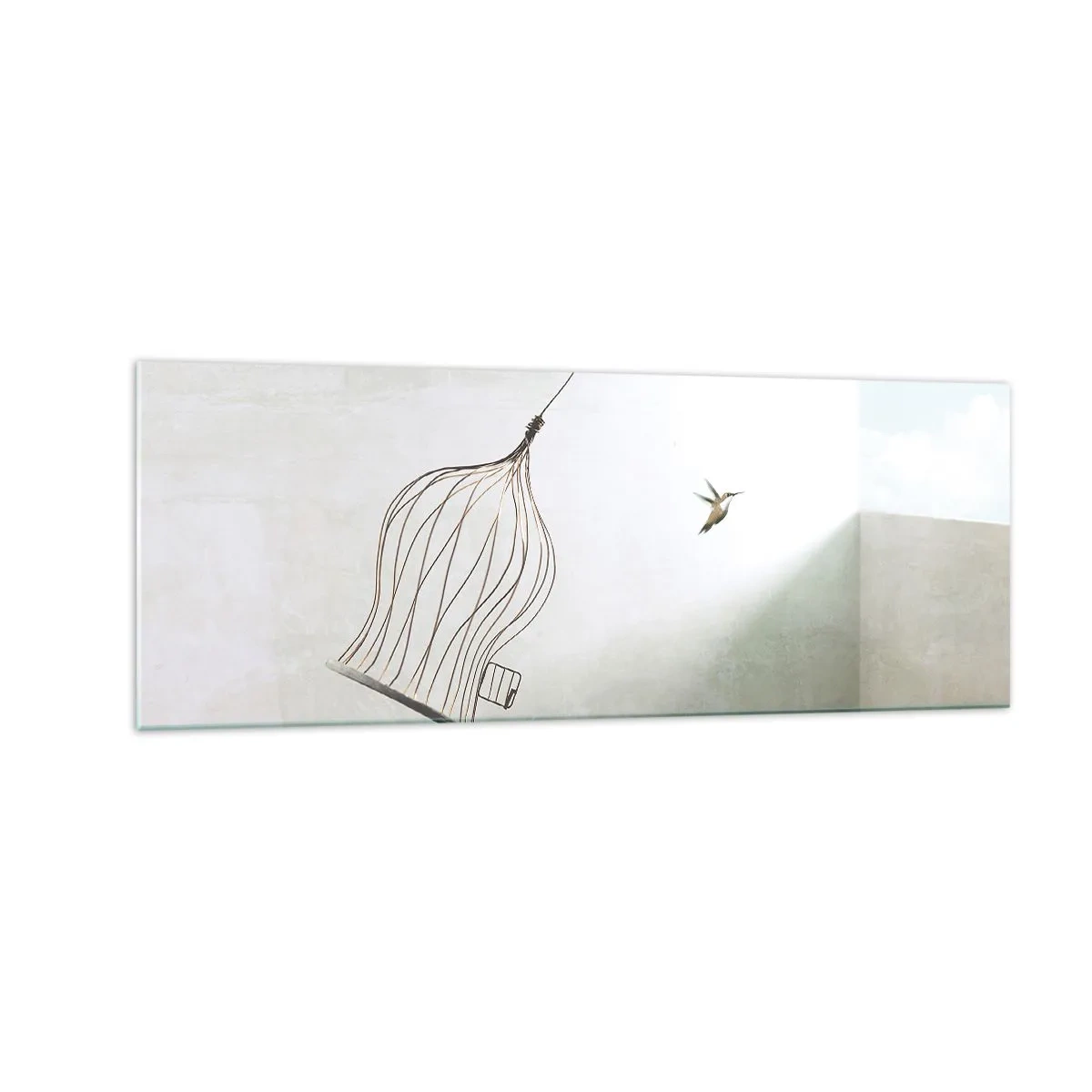 Glasbild - Bild auf glas - Ein aus einem Käfig befreiter Vogel vor dem Hintergrund eines hellen Himmels - 140x50cm - In seinem Element - Moderne Wanddekoration für Wohnzimmer und Schlafzimmer ARTTOR