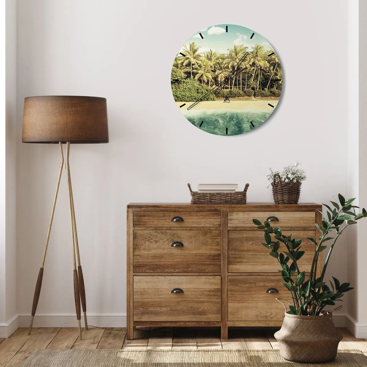 Wanduhr - Glasuhr - Ein Strand mit Palmen und türkisfarbenem Meer im Hintergrund - 30x30cm - Wie wäre es hier? - Moderne Wanddekoration für Wohnzimmer, Küche und Schlafzimmer ARTTOR
