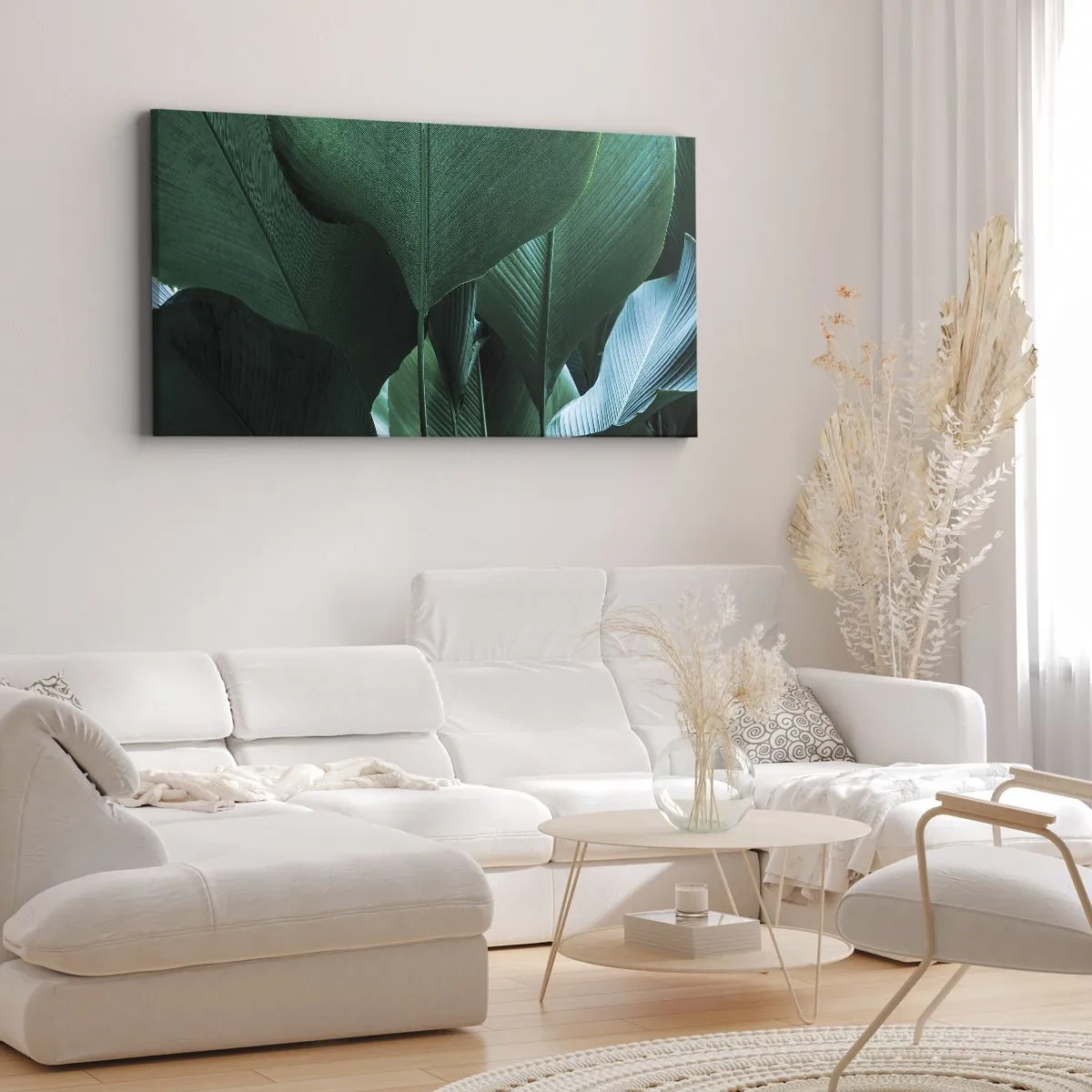 Bild auf Leinwand - Leinwandbild - Grüne Blätter in minimalistischer Komposition - 140x50cm - Dem Licht zugewandt - Moderne Wanddekoration für Wohnzimmer und Schlafzimmer ARTTOR