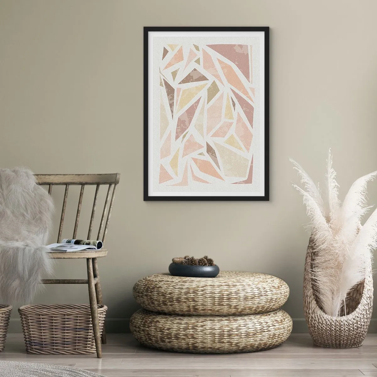 Poster in einem schwarzem Rahmen - Geometrische Abstraktion in Pastelltönen - 50x70cm - Buntglas-Komposition - Moderne Wanddekoration für Wohnzimmer und Schlafzimmer ARTTOR