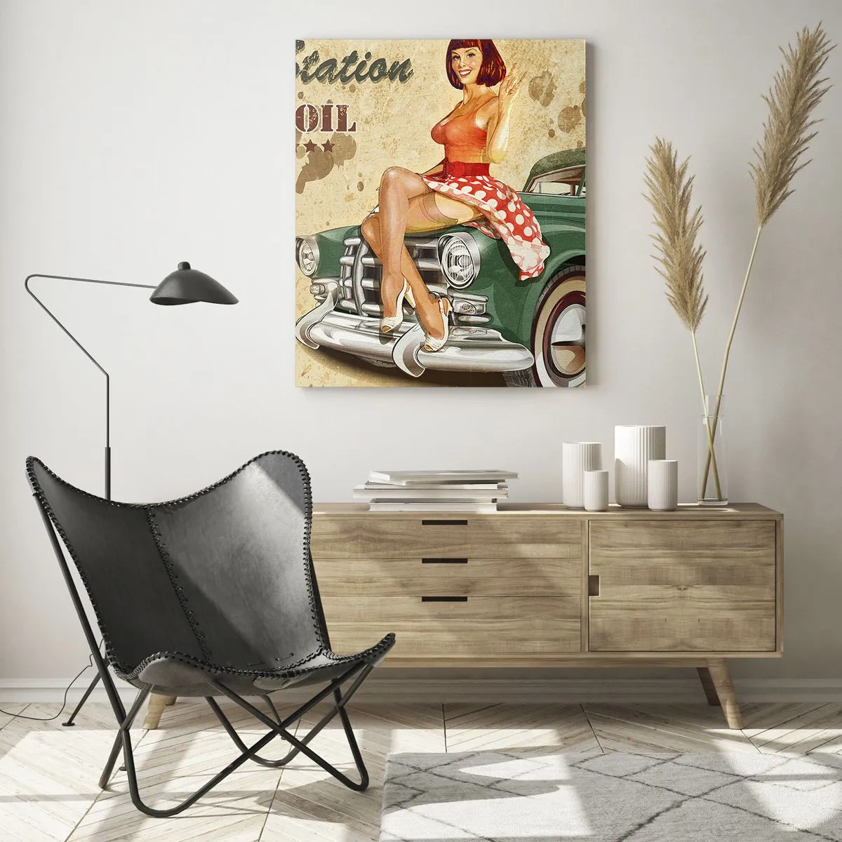 Glasbild - Bild auf glas - Retro-Route 66-Poster mit Pin-up-Girl und Auto - 70x100cm - Die großen Jahre der 40er. - Moderne Wanddekoration für Wohnzimmer und Schlafzimmer ARTTOR