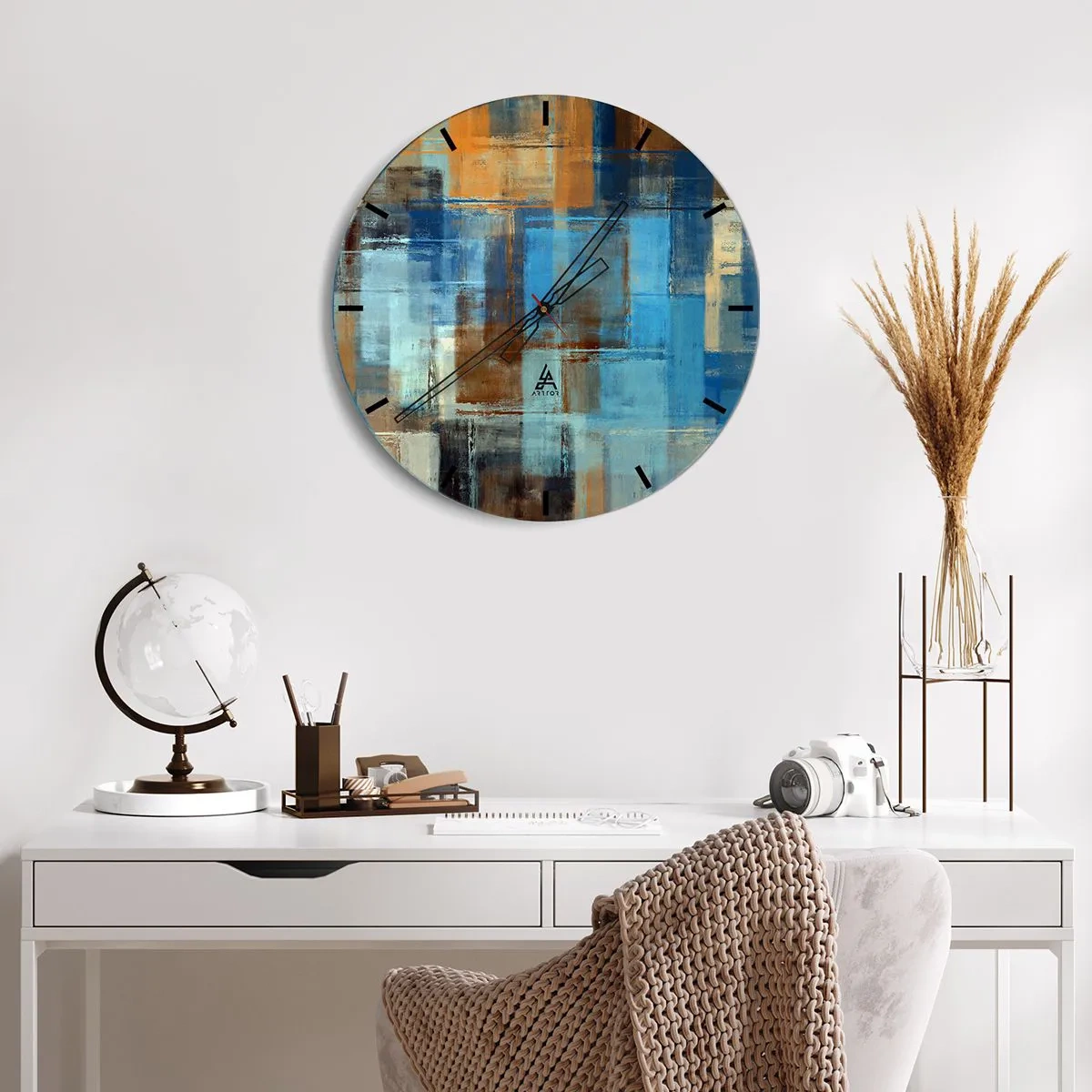 Wanduhr - Glasuhr - Abstrakte Rechtecke in Blau- und Brauntönen - 30x30cm - Durch den blauen Schleier - Moderne Wanddekoration für Wohnzimmer, Küche und Schlafzimmer ARTTOR