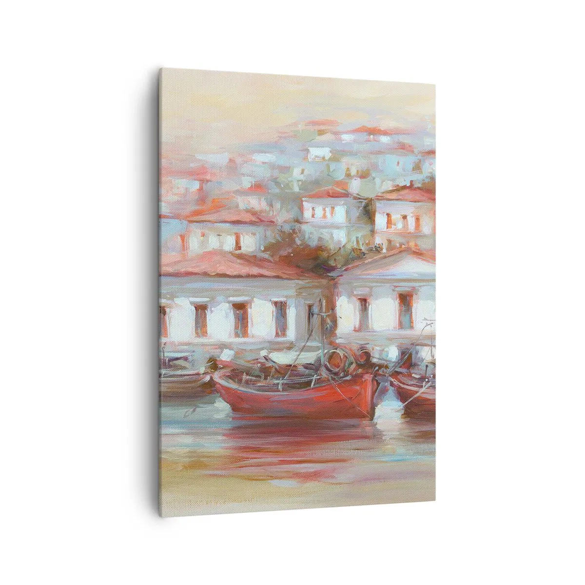 Bild auf Leinwand - Leinwandbild - Bunte Boote und malerische Gebäude am Wasser in Pastelltönen - 70x100cm - Glückliche Stadt - Moderne Wanddekoration für Wohnzimmer und Schlafzimmer ARTTOR