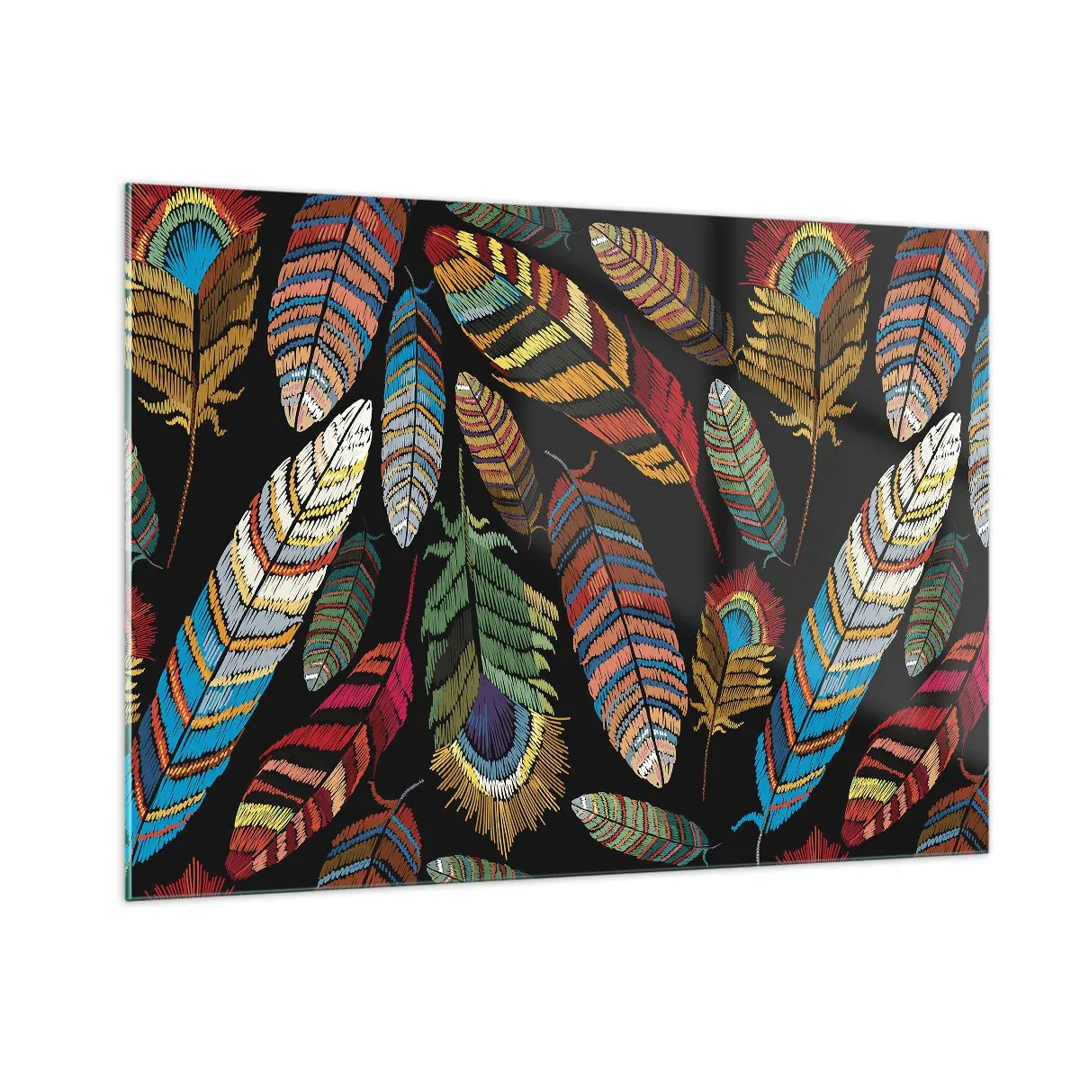 Glasbild - Bild auf glas - Bunte Federn auf dunklem Hintergrund in einem künstlerischen Muster - 100x70cm - Der Vogelkarneval - Moderne Wanddekoration für Wohnzimmer und Schlafzimmer ARTTOR
