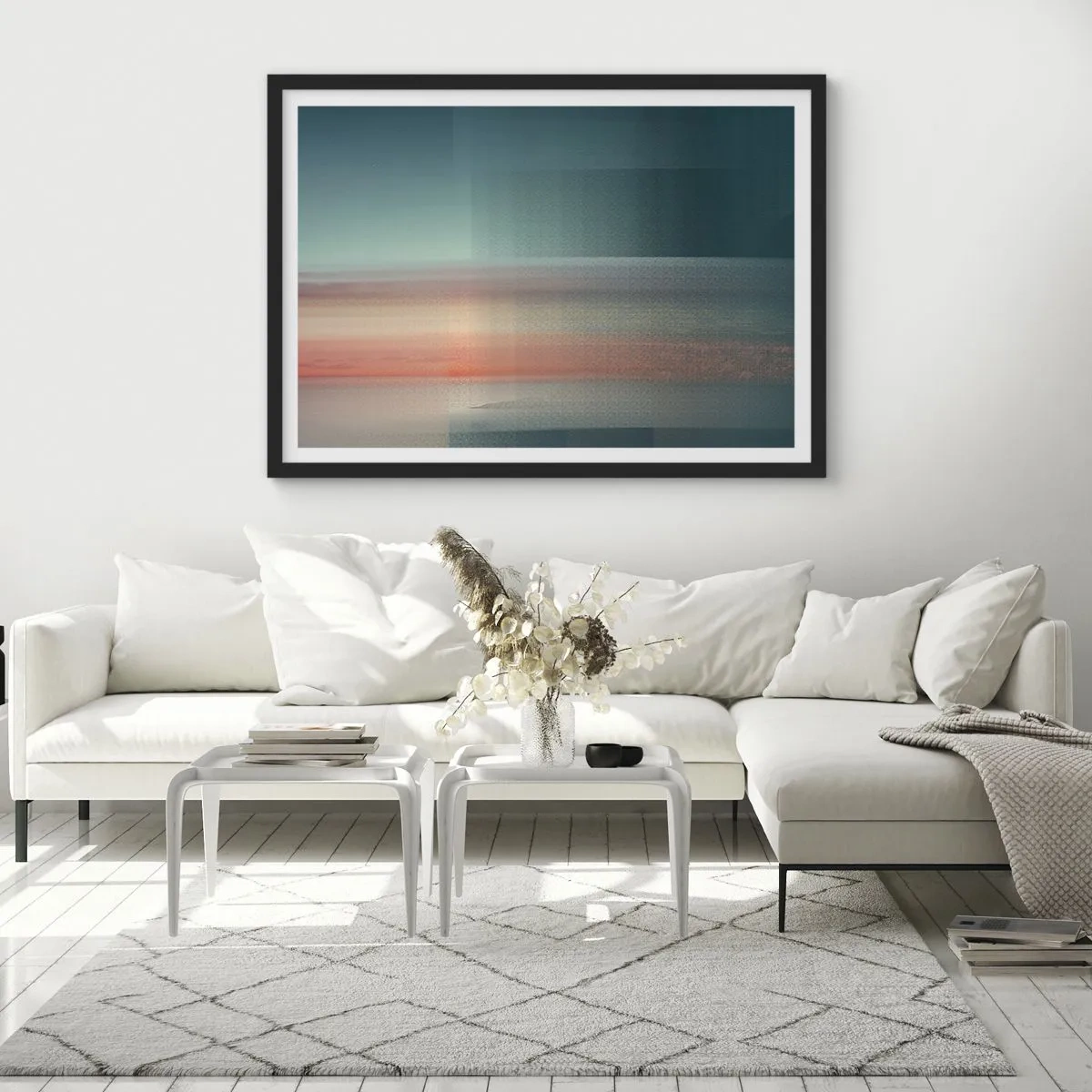 Poster in einem schwarzem Rahmen - Ein Sonnenuntergang in Pastelltönen über einem ruhigen Horizont - 70x50cm - Abstraktion: Lichtwellen - Moderne Wanddekoration für Wohnzimmer und Schlafzimmer ARTTOR