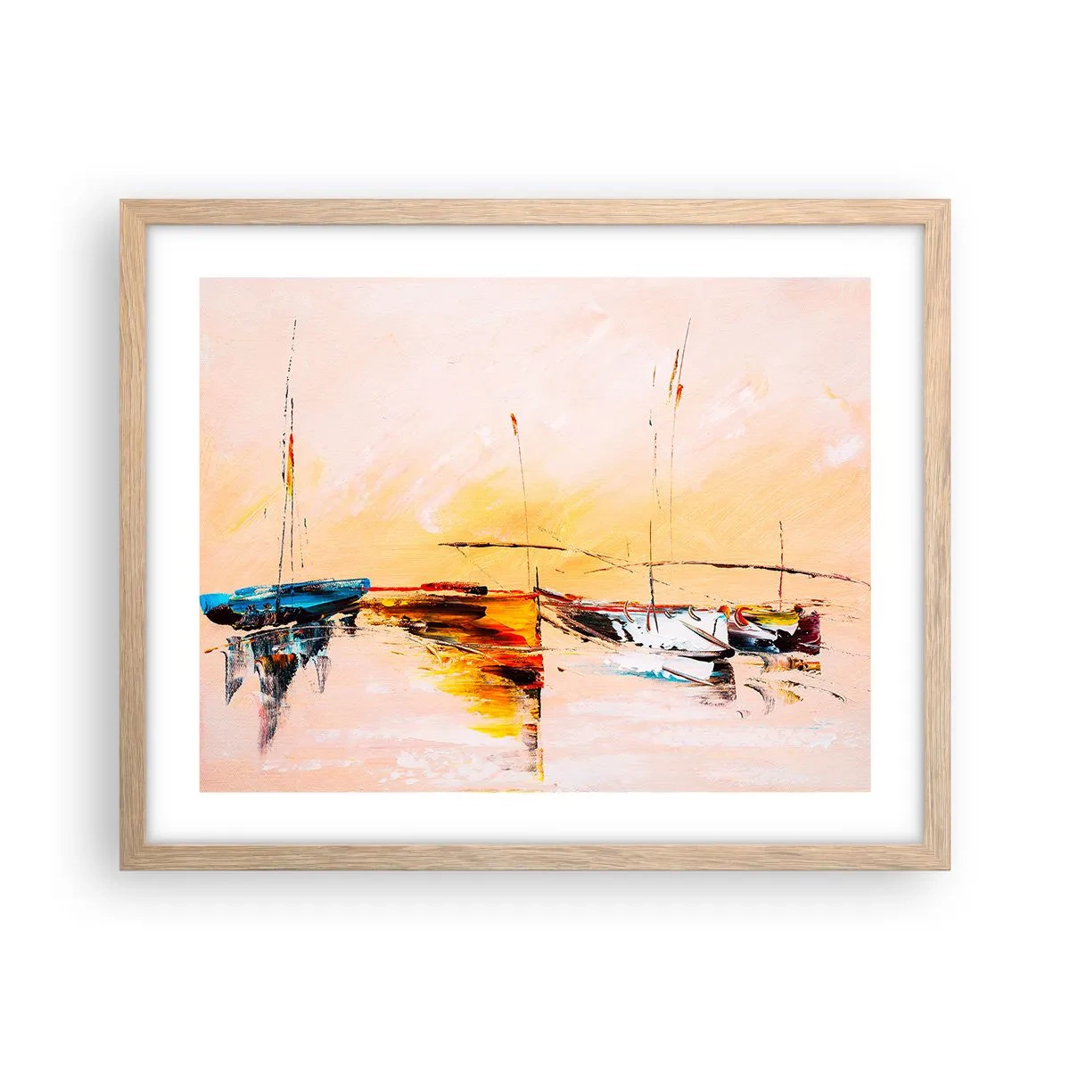 Poster in einem Rahmen aus heller Eiche - Abend im Yachthafen - 50x40 cm